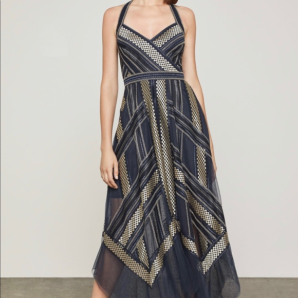 bcbg blue and gold dress